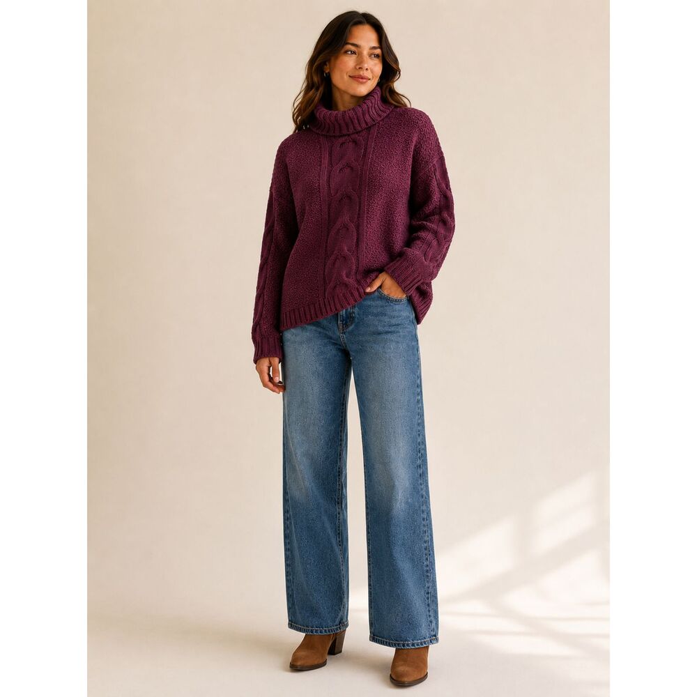 Seven7 Womens L Plum Chenille Cable Knit Turtleneck Sweater Cozy Cabin Oversized